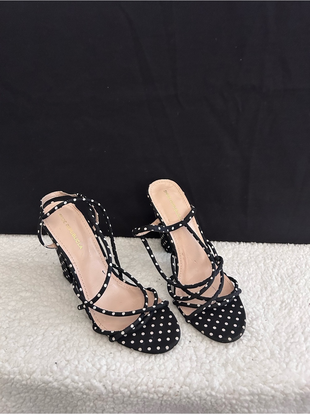 Shoe Republic LA Black Polka Dot Strappy Block Heel Sandals